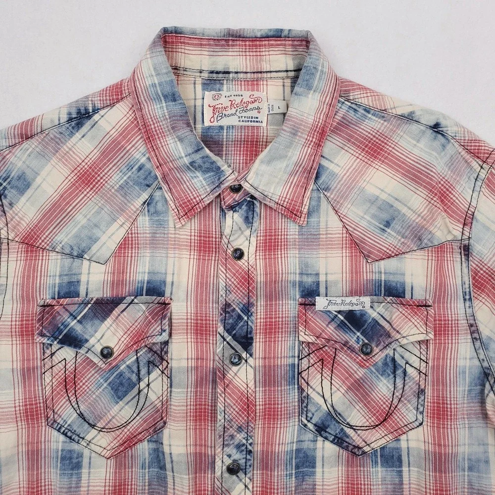 True Religion Shirt Men Large Red White Blue Plaid Western Pearl Snap Y2K Cowboy